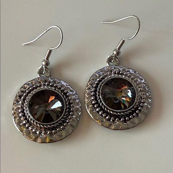 Unbranded Jewelry - Silver Tone Round Dangle Earrings Brown Stone Center